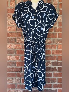 Navy Rope-Print Shirt Dress with Tie Waist